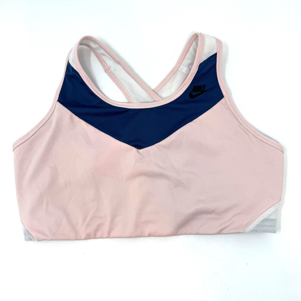 Nike Swoosh Windrunner Sports Bra L Pink Blue Mesh Straps Wireless Gym Workout